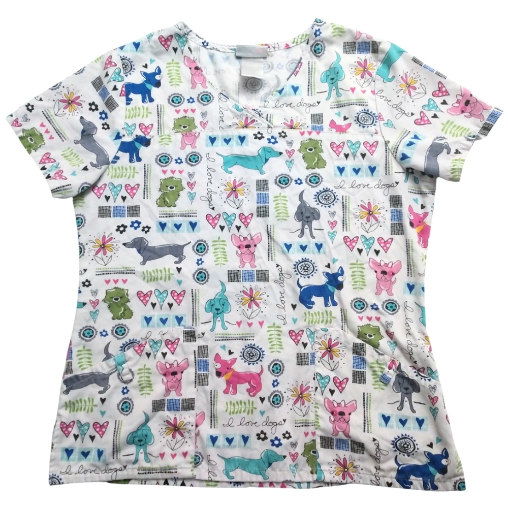 ScrubStar Women's White Love Dogs Print Scrubs Top With Pockets